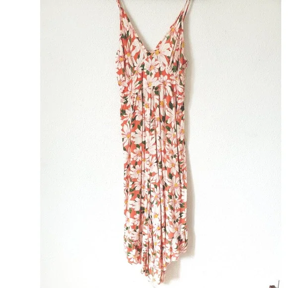 Angie Womens M Orange Daisy Floral Print Wide Leg Jumpsuit Smocked Bohemian Boho - Picture 10 of 10